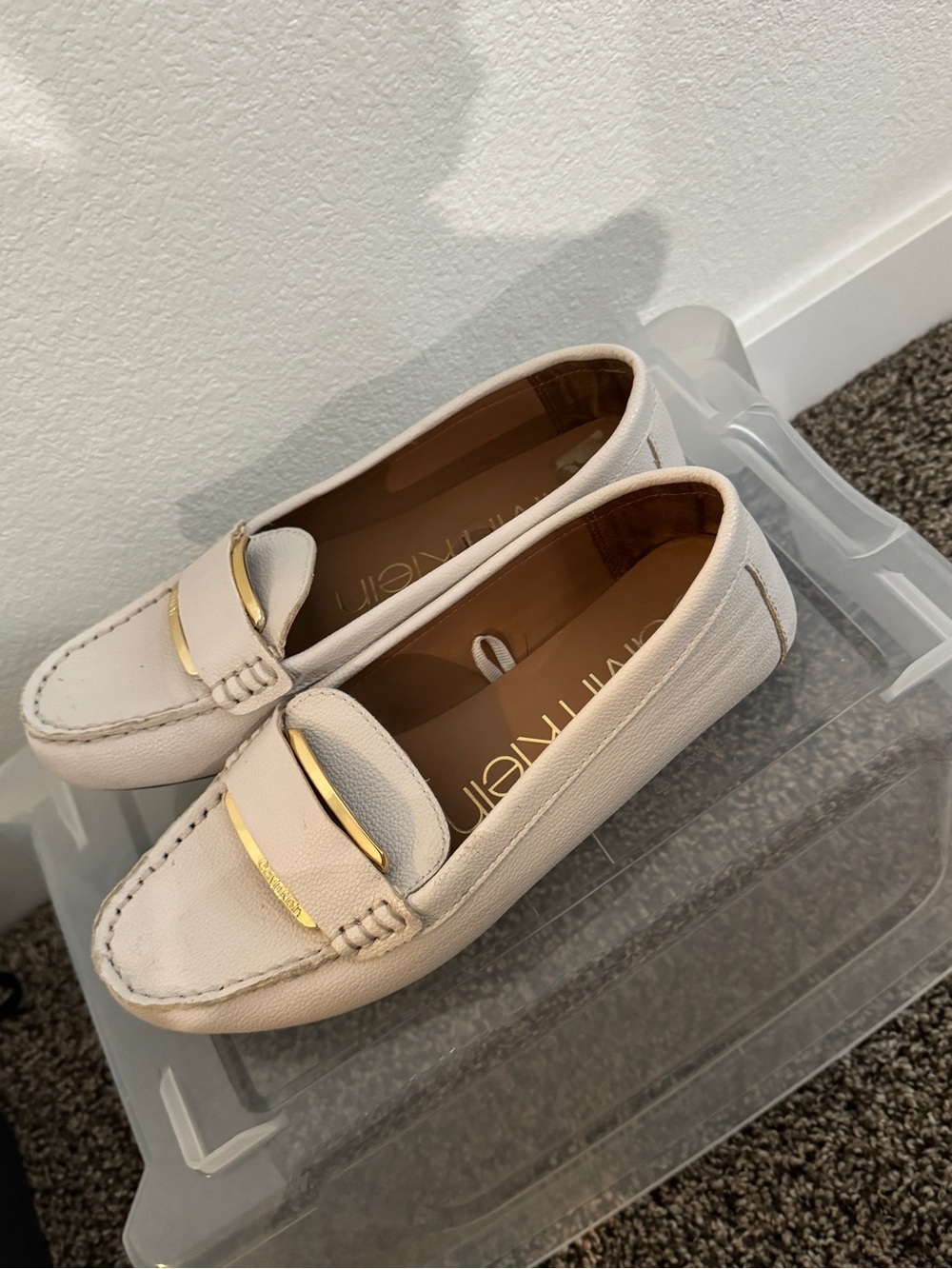 Calvin Klein Cream Leather Slip-On Loafers with Gold Trim